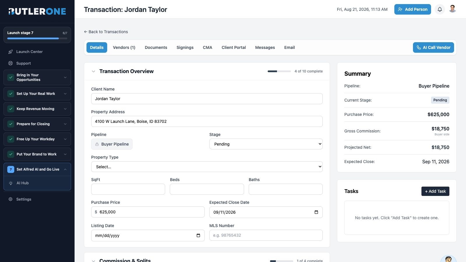 The live ButlerOne transaction record showing client and property details, stage, purchase price, expected closing, tasks, documents, messages, and vendor tools